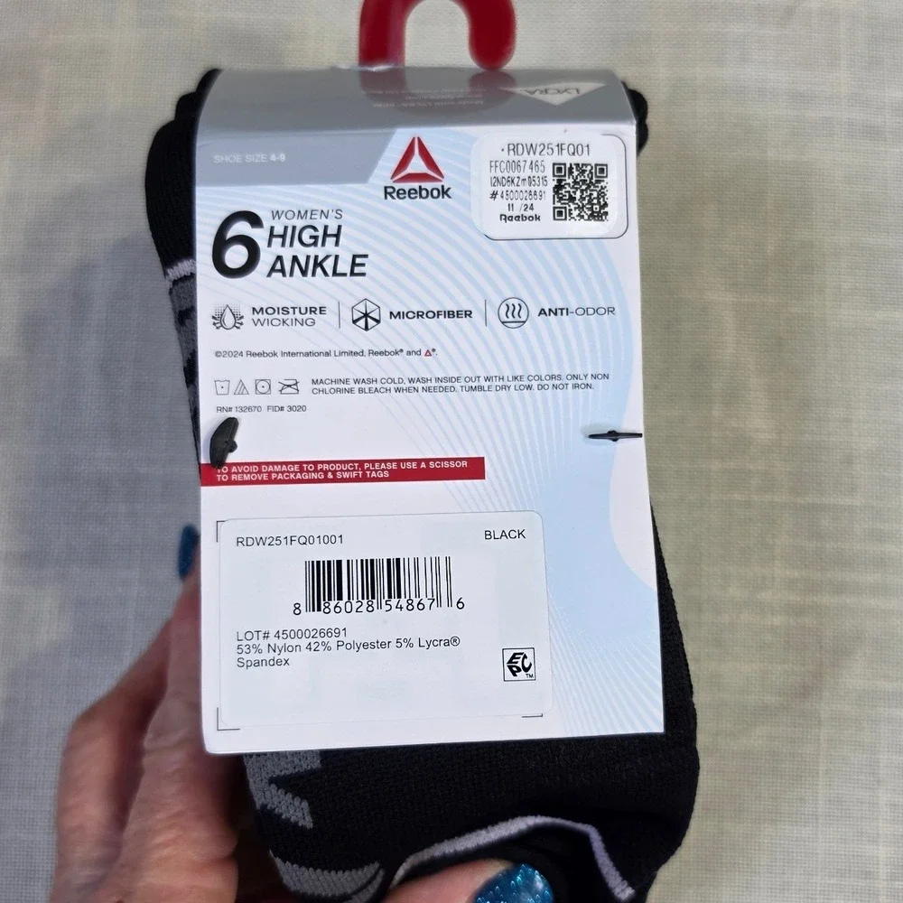 Reebok Womens 6 Pack High Ankle Socks Black Color Morph RDW251FQ01001 Size 4-9